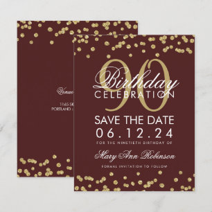 Gold Burgundy 90th Birthday Save Date Confetti Invitation