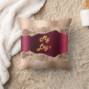 Gold burgundy agate marble name business logo cushion