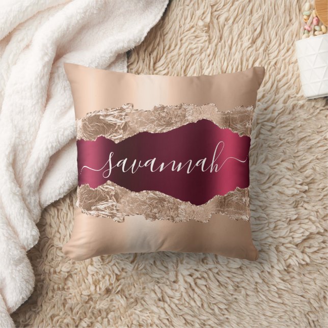 Gold burgundy agate marble name cushion (Blanket)