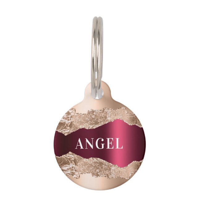 Gold burgundy agate marble name pet tag (Front)