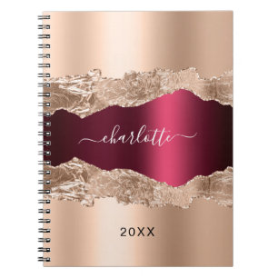 Gold burgundy agate marble name script notebook