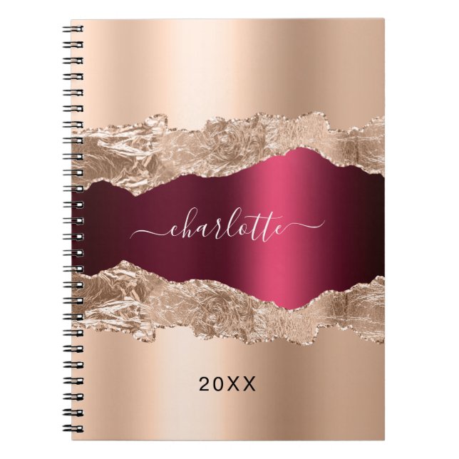 Gold burgundy agate marble name script notebook (Front)