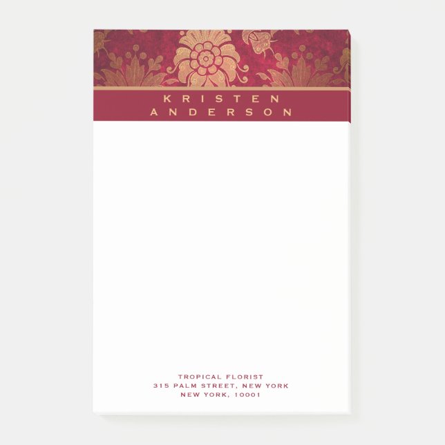 Gold Burgundy Antique Floral Personalised Business Post-it Notes (Front)