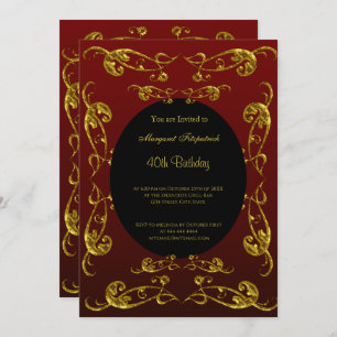 Gold Burgundy Black 40th Birthday Party Invitation