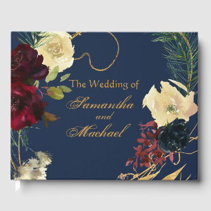 Gold Burgundy Blue Watercolor Floral Wreath Weddin Guest Book