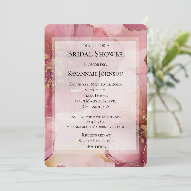 Gold Burgundy Blush Floral Romantic Bridal Shower Invitation (Standing Front)