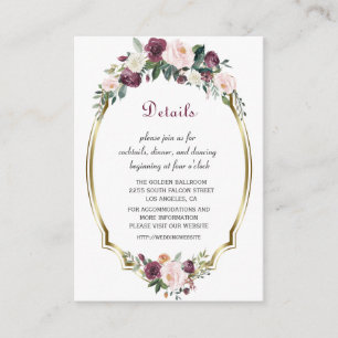 Gold Burgundy Blush Floral Wedding Details Enclosure Card