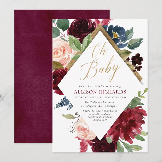 Gold burgundy blush pink floral girl baby shower invitation (Front/Back)