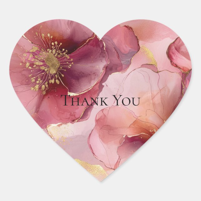 Gold Burgundy Blush Pink Floral Thank You Heart Sticker (Front)