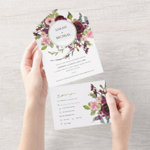 GOLD BURGUNDY BLUSH ROSE FLORAL WATERCOLOR WEDDING ALL IN ONE INVITATION