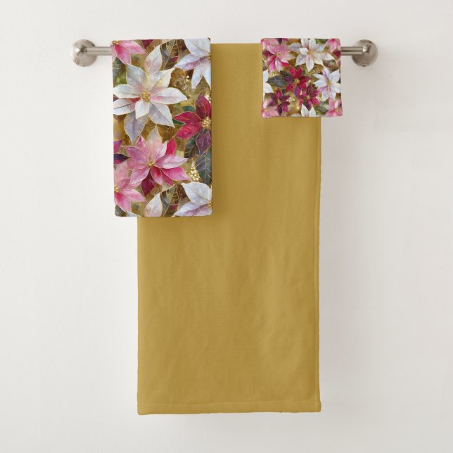 Gold Burgundy Bronze Pink Red White Poinsettia Bath Towel Set (Insitu)