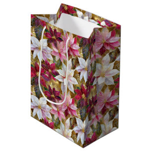 Gold Burgundy Bronze Pink Red White Poinsettia Medium Gift Bag