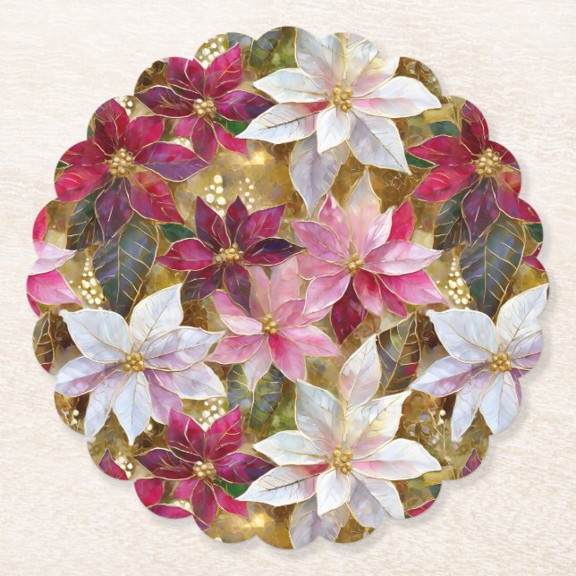 Gold Burgundy Bronze Pink Red White Poinsettia Paper Coaster (Front)