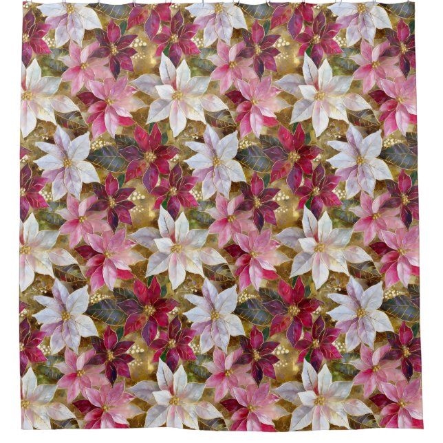 Gold Burgundy Bronze Pink Red White Poinsettia Shower Curtain (Front)