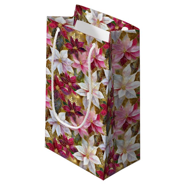 Gold Burgundy Bronze Pink Red White Poinsettia Small Gift Bag (Front Angled)