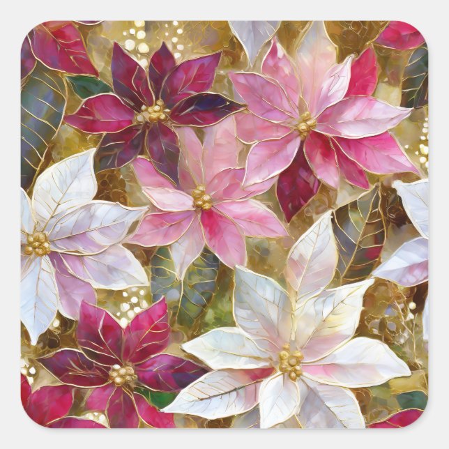 Gold Burgundy Bronze Pink Red White Poinsettia Square Sticker (Front)