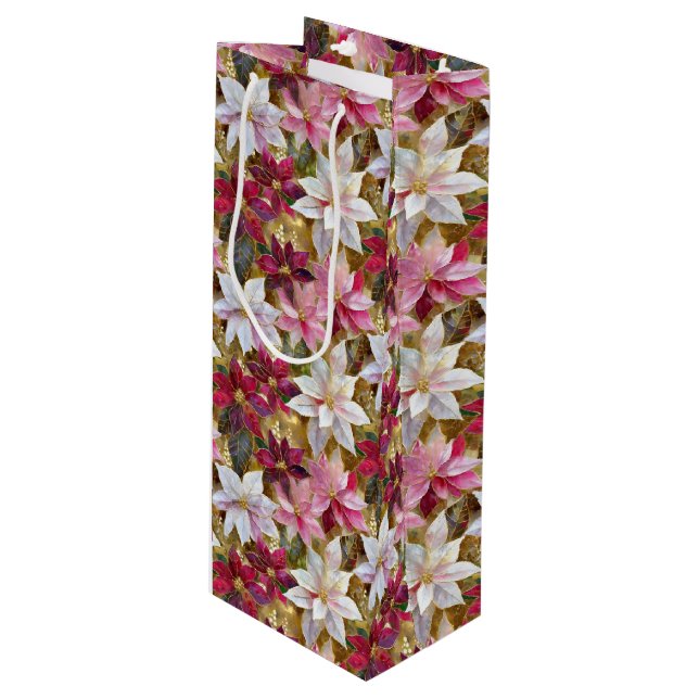 Gold Burgundy Bronze Pink Red White Poinsettia Wine Gift Bag (Front Angled)