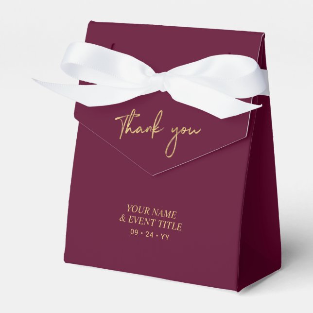 Gold & Burgundy Brush Script Party Thank you Favou Favour Box (Front Side)