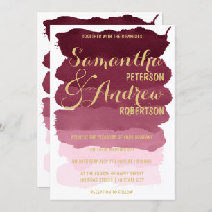 Gold burgundy brushstrok  watercolor ombre Wedding Invitation