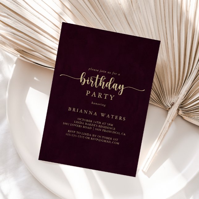 Gold Burgundy Calligraphy Birthday Party  Invitation (Creator Uploaded)