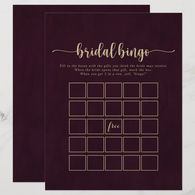 Gold Burgundy Calligraphy Bridal Bingo Game (Front/Back)