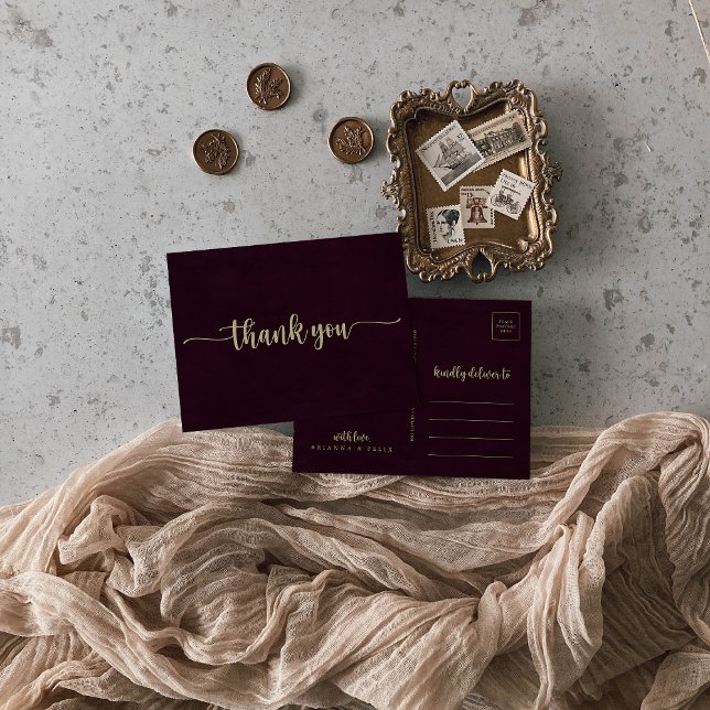Gold Burgundy Calligraphy Thank You  Postcard (Creator Uploaded)