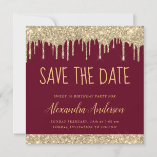 Gold Burgundy Chic Glitter Sweet 16 Save the Date Invitation