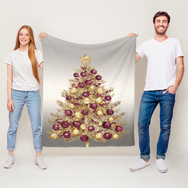 Gold Burgundy Christmas Tree Fleece Blanket (In Situ)