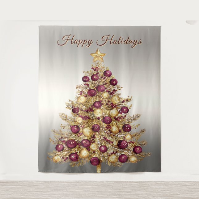 Gold Burgundy Christmas Tree Holiday Backdrop Tapestry (Front)