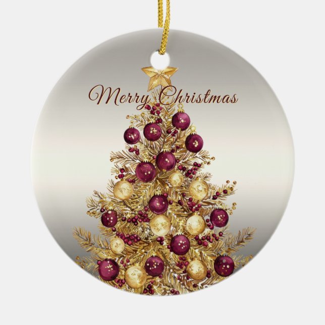 Gold Burgundy Christmas Tree Holiday Ceramic Tree Decoration (Front)