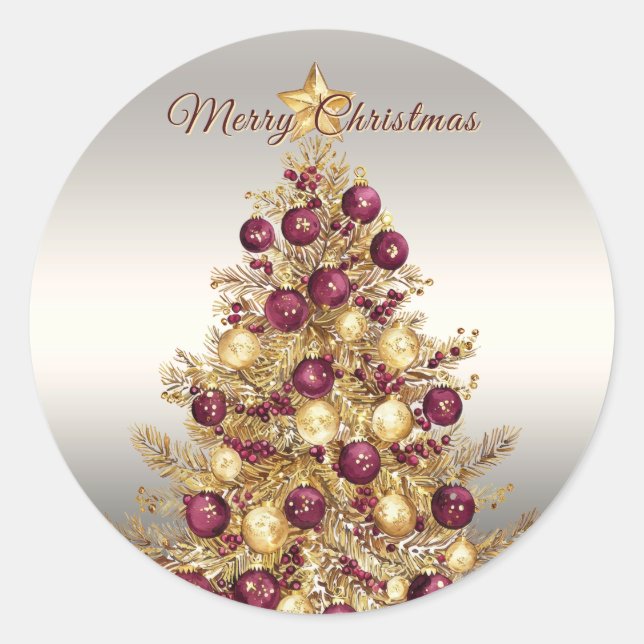 Gold Burgundy Christmas Tree Holiday Classic Round Classic Round Sticker (Front)