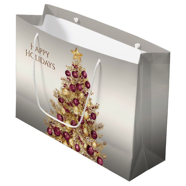 Gold Burgundy Christmas Tree Holiday Gift Bag (Front Angled)