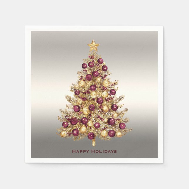 Gold Burgundy Christmas Tree Holiday Napkin (Front)