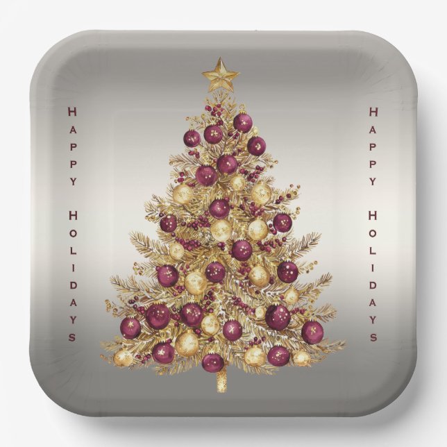 Gold Burgundy Christmas Tree Holiday Paper Plate (Front)