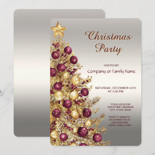 Gold Burgundy Christmas Tree Holiday Party Invitation