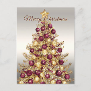 Gold Burgundy Christmas Tree Holiday Postcard