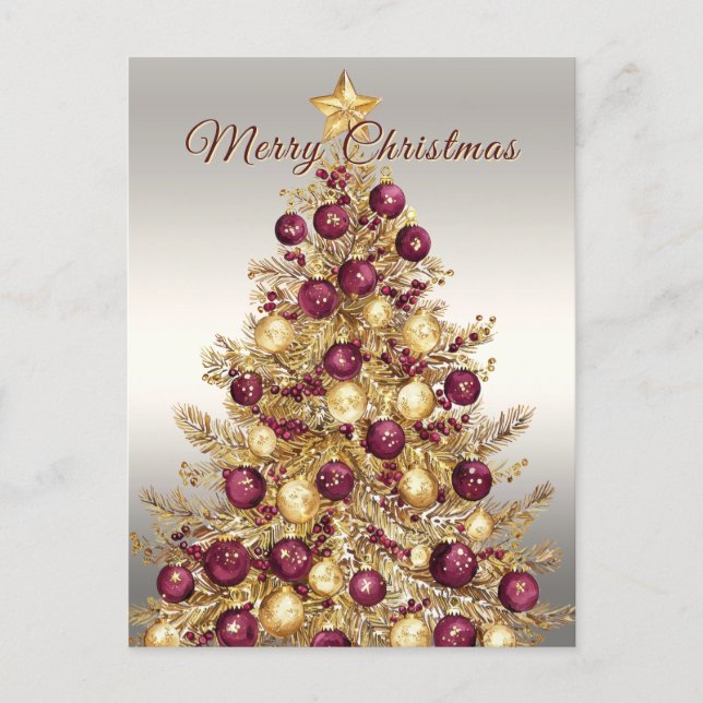 Gold Burgundy Christmas Tree Holiday Postcard (Front)