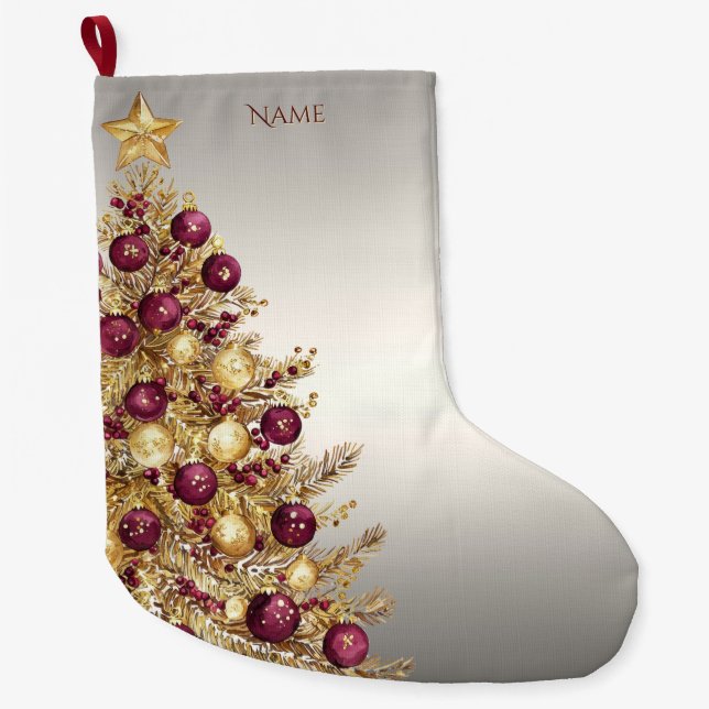 Gold Burgundy Christmas Tree Holiday Stocking (Front)