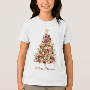 Gold Burgundy Christmas Tree Holiday T-Shirt Tri-Blend Shirt