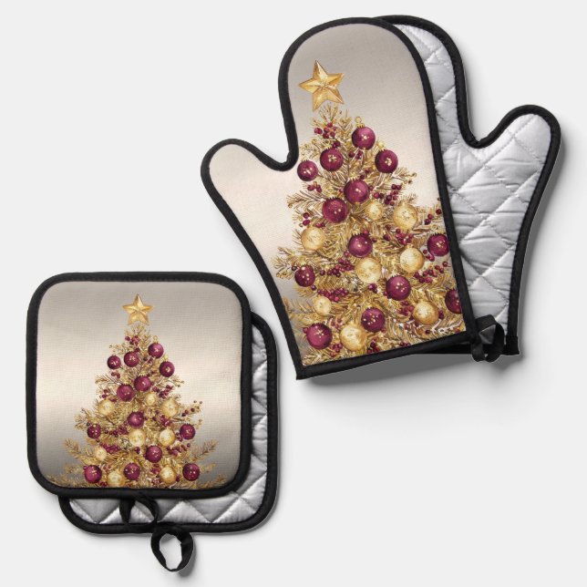 Gold Burgundy Christmas Tree Oven Mitt & Pot Holder Set (Front/Back)