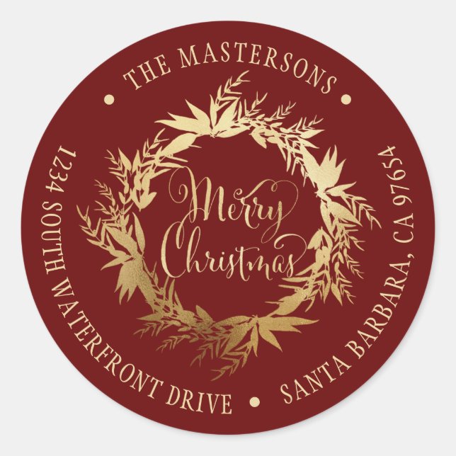 Gold Burgundy Christmas Wreath Return Address Classic Round Sticker (Front)