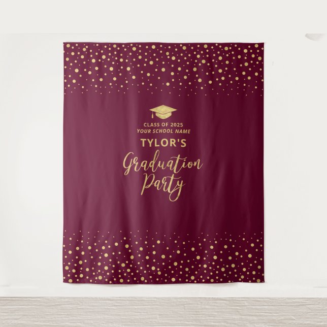 Gold & Burgundy Confetti | Graduation Party Tapestry (Front)