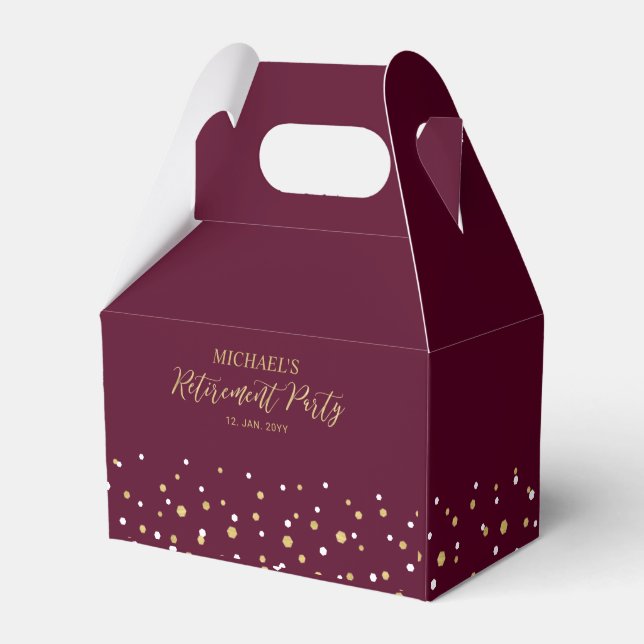 Gold & Burgundy Confetti Modern Retirement Party Favour Box (Front Side)