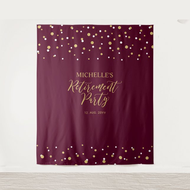 Gold & Burgundy Confetti Retirement Party Backdrop Tapestry (Front)