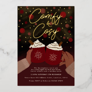 Gold Burgundy Cosy Hot Cocoa Holiday invitation