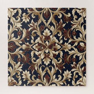 Gold Burgundy Damask Pattern Ornate Baroque Jigsaw Puzzle