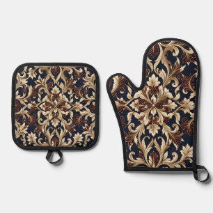 Gold Burgundy Damask Pattern Ornate Baroque Oven Mitt & Pot Holder Set