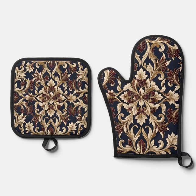 Gold Burgundy Damask Pattern Ornate Baroque Oven Mitt & Pot Holder Set (Front)
