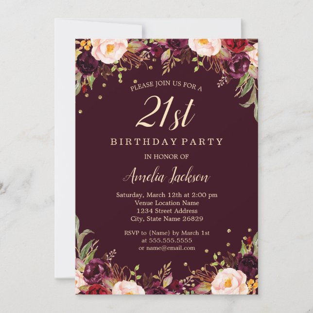 Gold Burgundy Elegant Floral 21st Birthday Party Invitation (Front)
