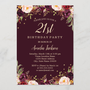 Gold Burgundy Elegant Floral 21st Birthday Party Invitation